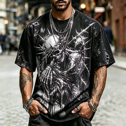 Men's Vintage Distressed Thorn Skull Jesus Pattern Street Style Round Neck Top