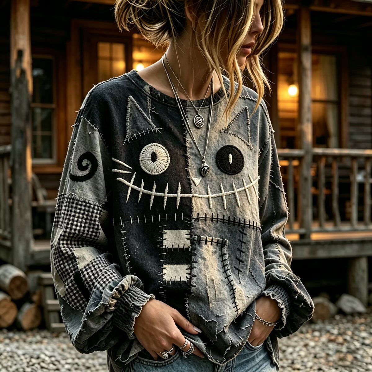 Women's Retro Halloween Cat Expression Patchwork Crew Neck Long Sleeve T-shirt