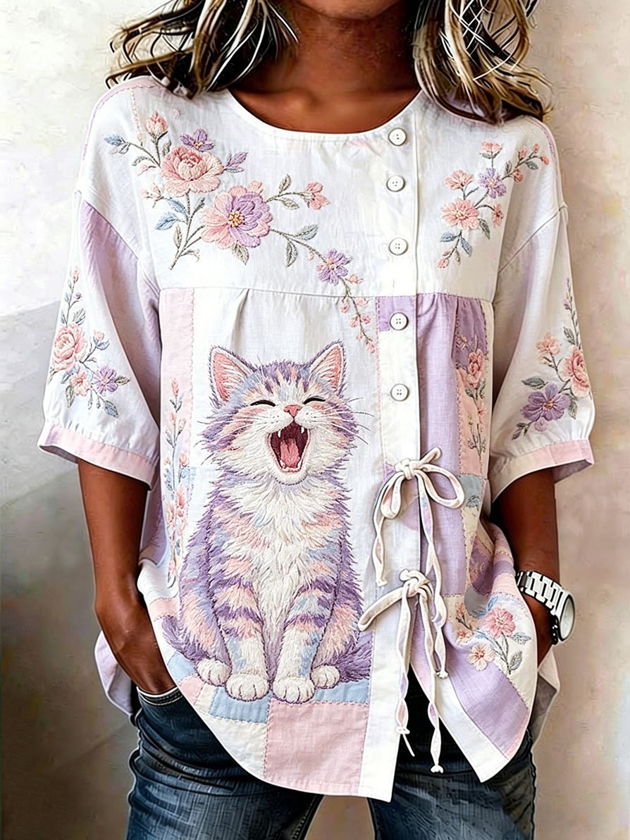 Women's Denim Cat Portrait Patchwork Art Print Casual Top