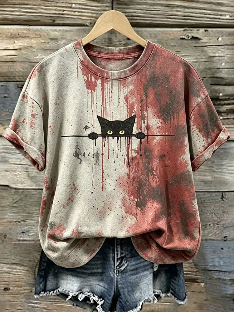 Abstract Creative Bloody Cat Halloween Graphic Casual Tshirt