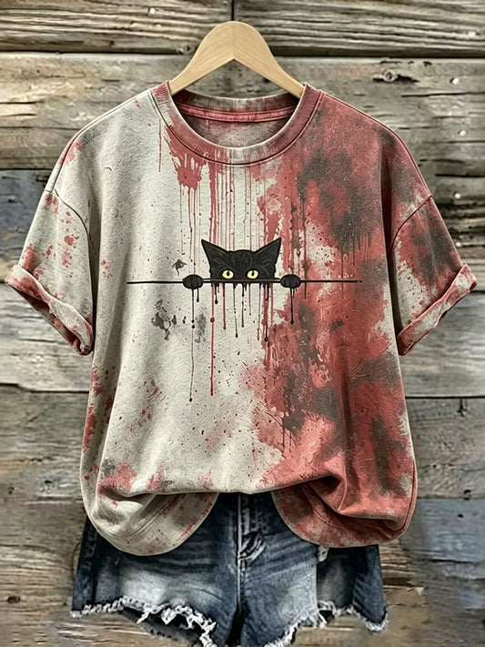 Abstract Creative Bloody Cat Halloween Graphic Casual Tshirt