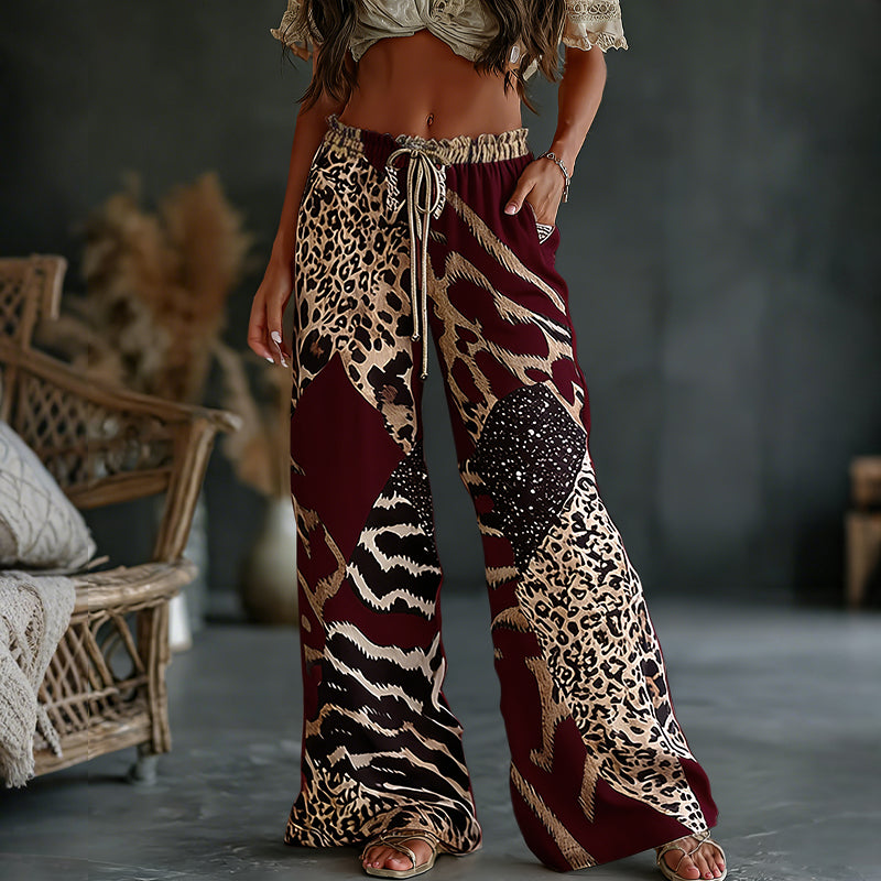 Women's  Leopard And Animal Patchwork Art Print Flowy Linen Blend Casual Pants