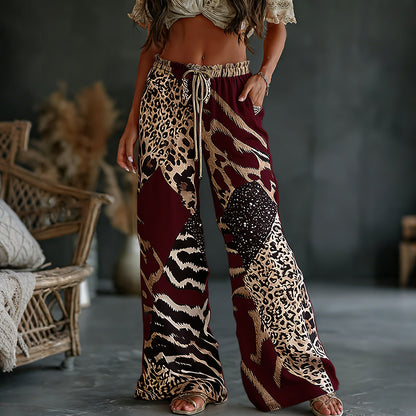Women's  Leopard And Animal Patchwork Art Print Flowy Linen Blend Casual Pants