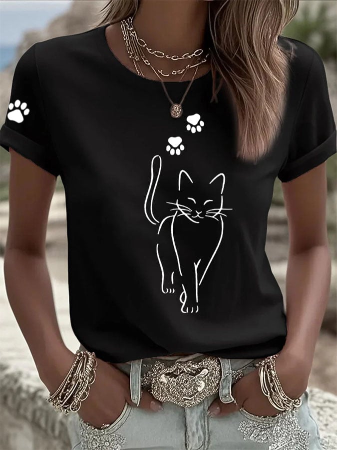 Women'S Cute Cat print Casual T-Shirt