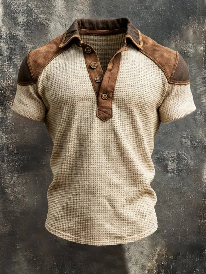 Men'S Short-Sleeve Polo-Collar Top With Retro Leather Paneling And Color-Block Design