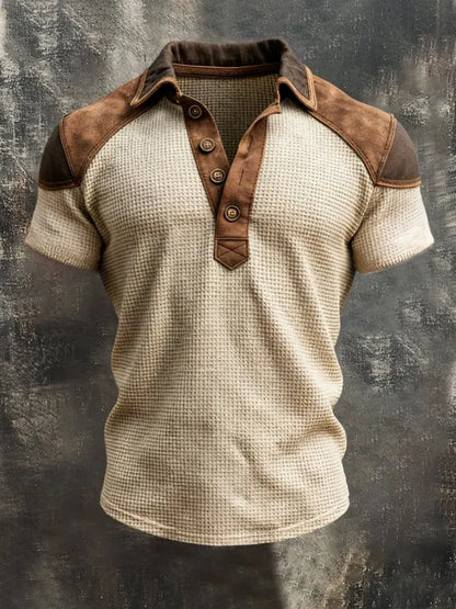 Men'S Short-Sleeve Polo-Collar Top With Retro Leather Paneling And Color-Block Design