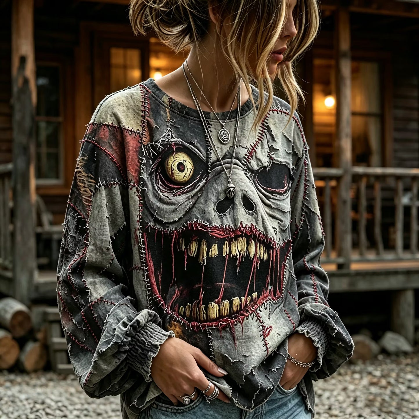 Women's Patchwork Gothic Halloween Emoji Print Long-sleeved Round Neck Cotton Linen T-shirt