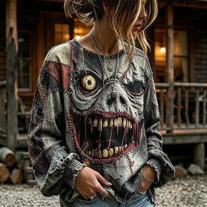 Women's Patchwork Gothic Halloween Emoji Print Long-sleeved Round Neck Cotton Linen T-shirt