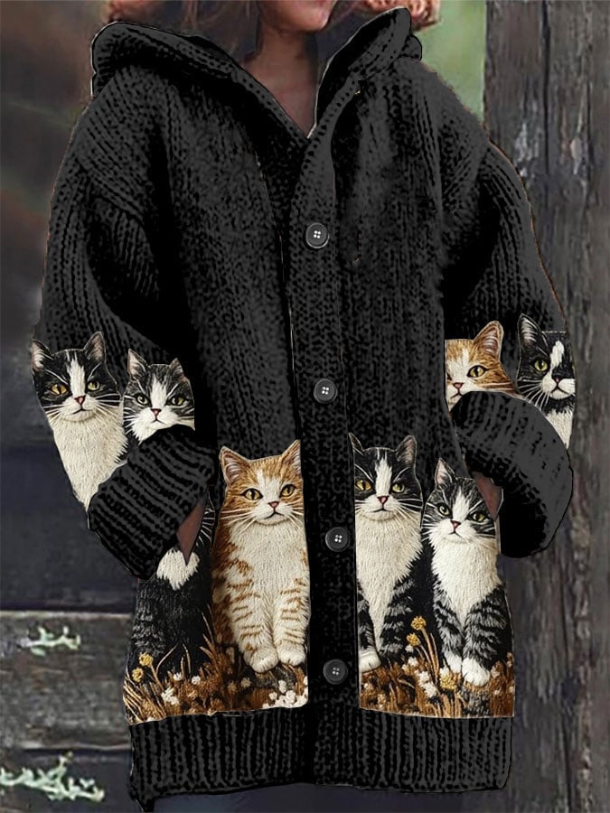 Women's Retro Cat Print Sweater Jacket