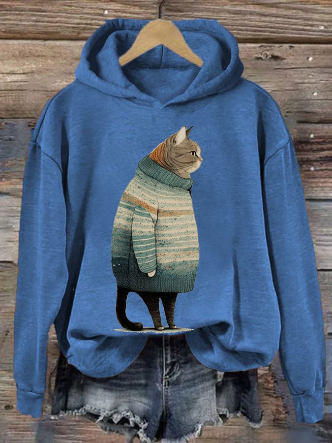 Women's Winter Cat Print Casual Hooded Sweatshirt
