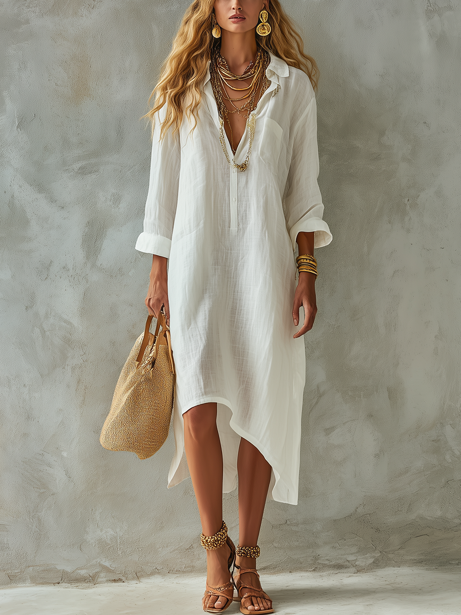Minimalist Vacation Style White Shirt Dress