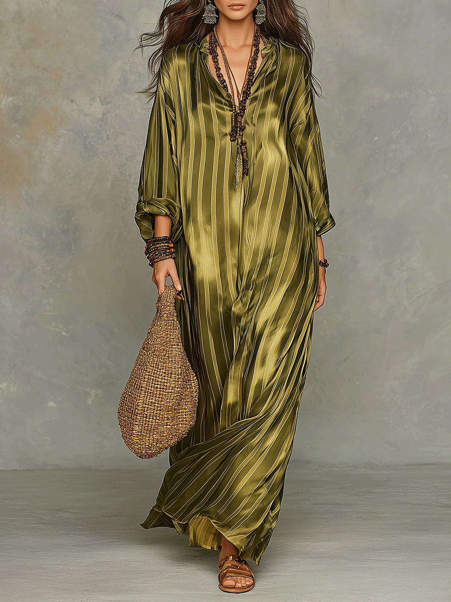 Refined Bohemian Chic Olive Satin Stripe Maxi Dress