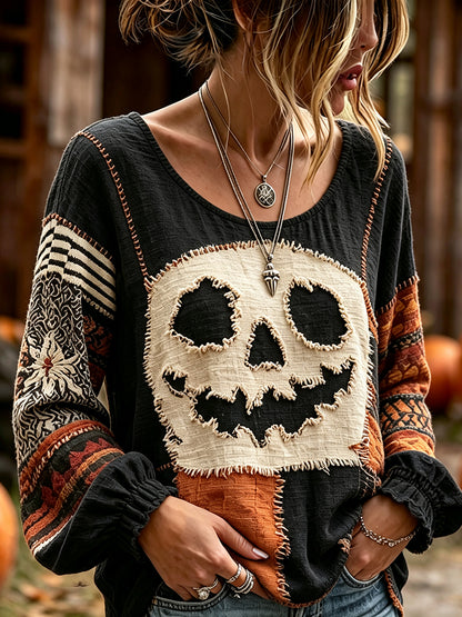 Women's Halloween Jack-o'-lantern Art Embroidered Linen Blend Round Neck Long Sleeve Tops