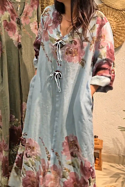 V-neck Long-sleeved Button-decorated Printed Casual Loose Dress