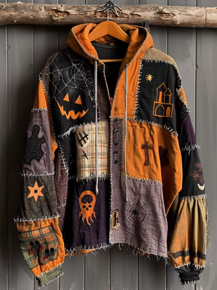 Halloween Horror Element Patchwork Stitched Comfortable Cotton And Linen Casual Hoodie