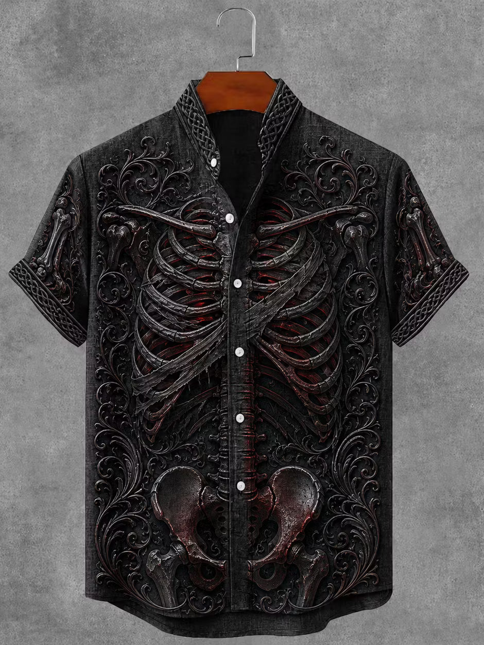 Men's Gothic Gothic Skeleton Floral Art Short Sleeve Linen Shirt