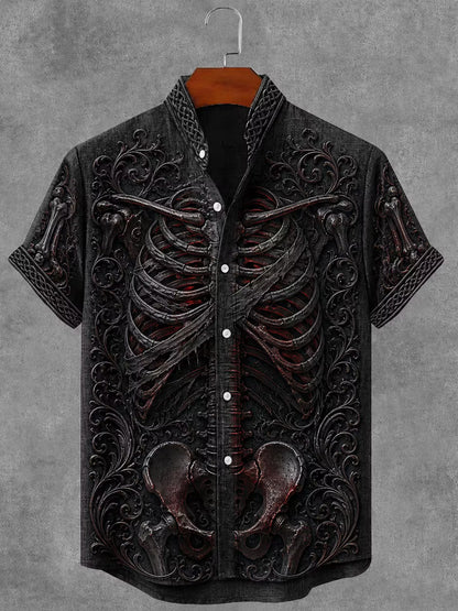 Men's Gothic Gothic Skeleton Floral Art Short Sleeve Linen Shirt
