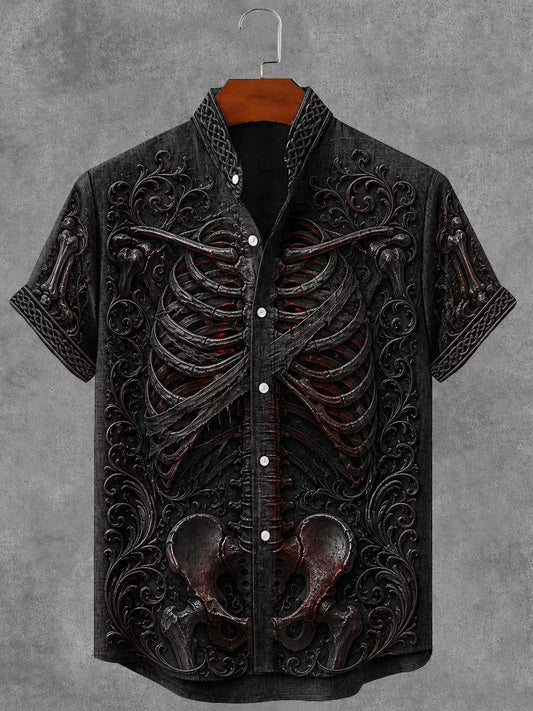Men's Gothic Gothic Skeleton Floral Art Short Sleeve Linen Shirt