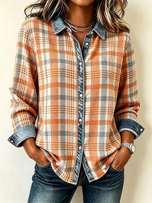 Women'S Casual Denim Patchwork Plaid Shirt