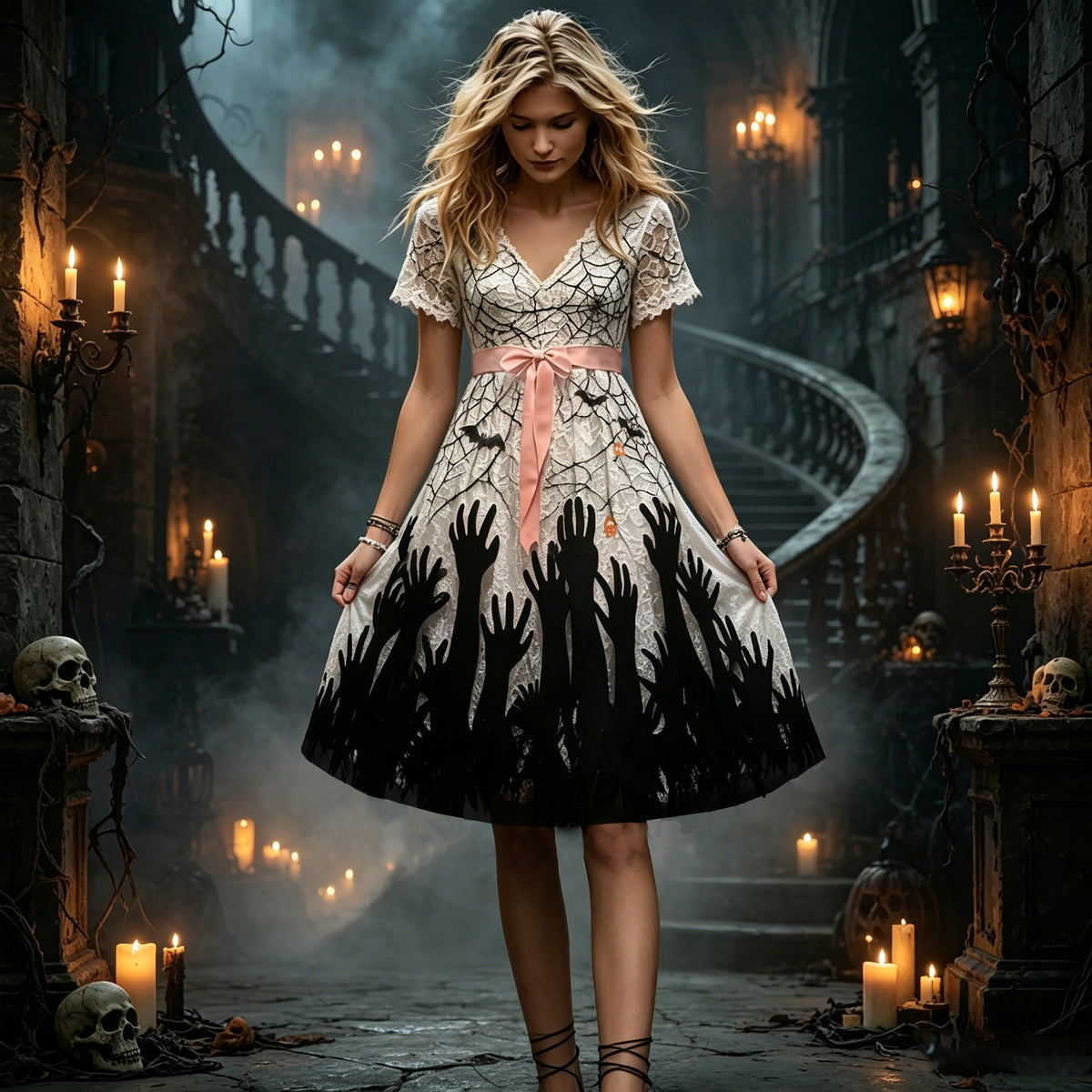 Halloween Gothic Spiderweb Zombie Hands Lace Midi Dress