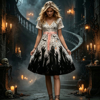 Halloween Gothic Spiderweb Zombie Hands Lace Midi Dress