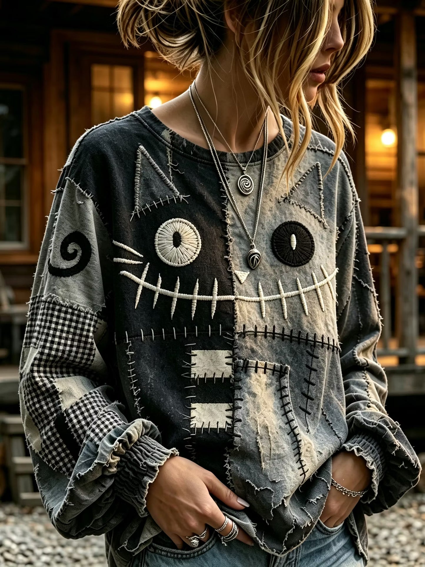 Women's Retro Halloween Cat Expression Patchwork Crew Neck Long Sleeve T-shirt