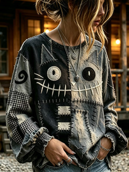 Women's Retro Halloween Cat Expression Patchwork Crew Neck Long Sleeve T-shirt