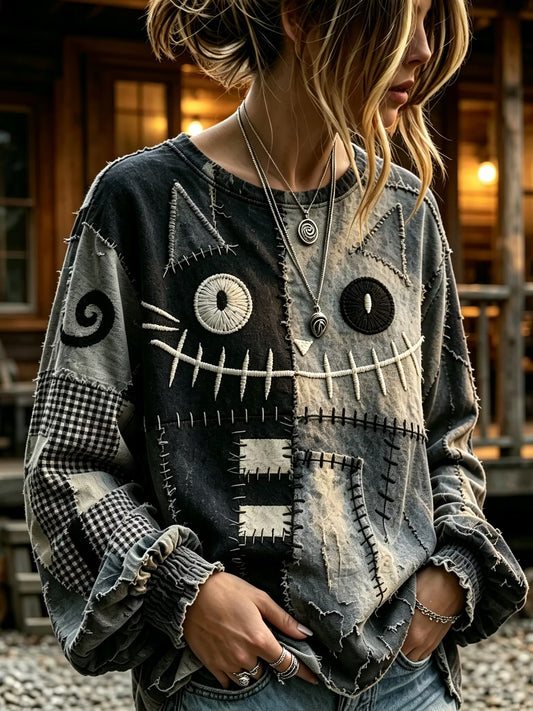 Women's Retro Halloween Cat Expression Patchwork Crew Neck Long Sleeve T-shirt