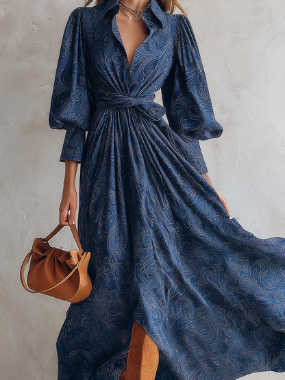 Blue Swirl Print Shirt Dress With Puff Sleeves