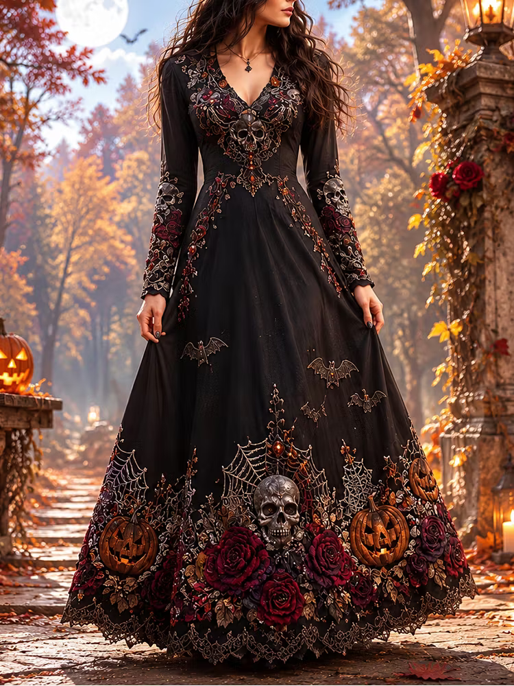 Women's Vintage Gothic Skull, Bats & Rose Print Long-sleeve Maxi Dress