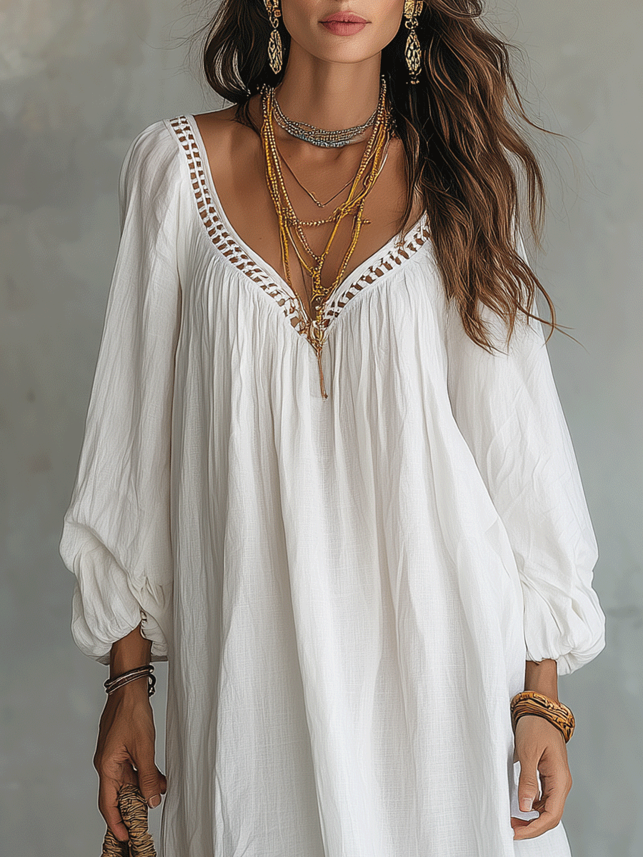 Quiet Luxury Soft-Gathered Cotton Boho Midi Dress