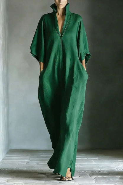 Women's Black Cotton Blend Fabric Oversized Kimono-Sleeve Maxi Dress With Pockets