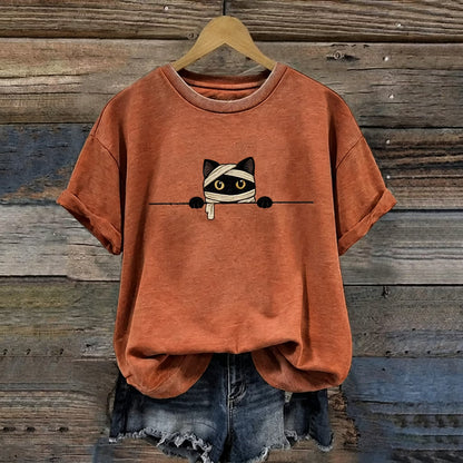 Women's Funny Mummy Cat Pattern Casual Halloween T-shirt