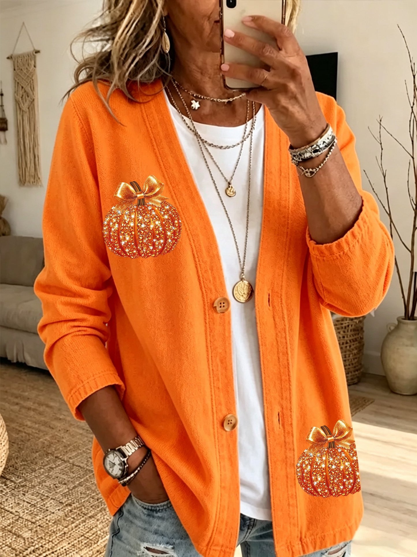 Women's Fall Patchwork Pumpkin Print Cardigan