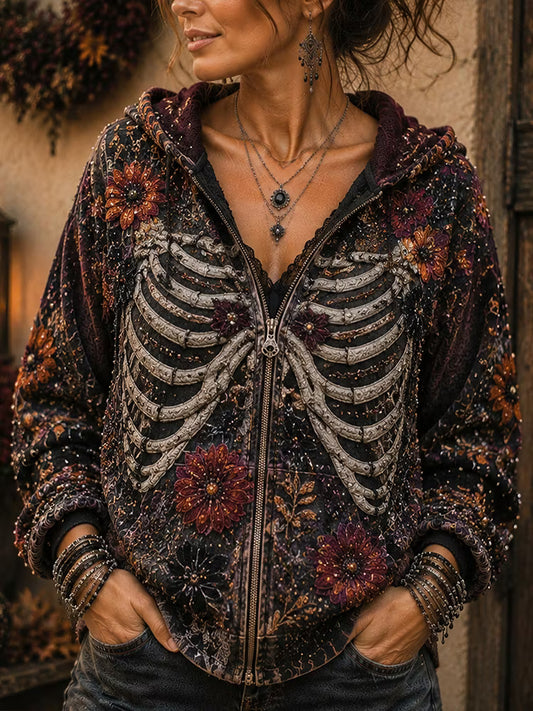 Women's Vintage Dark Gothic Ribcage Skeleton Floral Embroidered Zip Up Hoodie