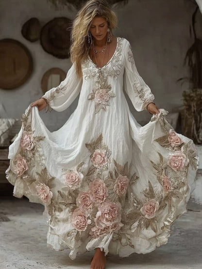 Women's Vintage Pink Floral Embroidery Art Comfy Linen Maxi Dress