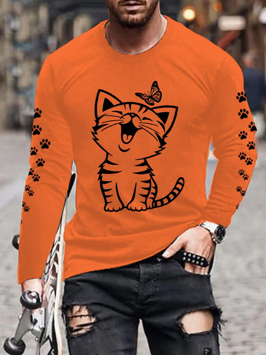 Men'S Cat Print Casual Long-Sleeved T-Shirt