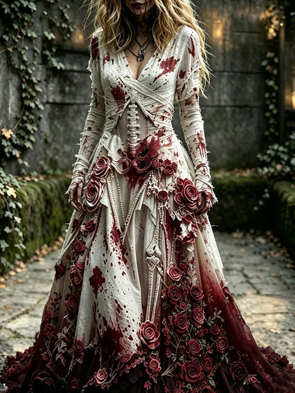Women's Retro Halloween Bloody Zombies Bride Floral Gradient Pattern Maxi Dress