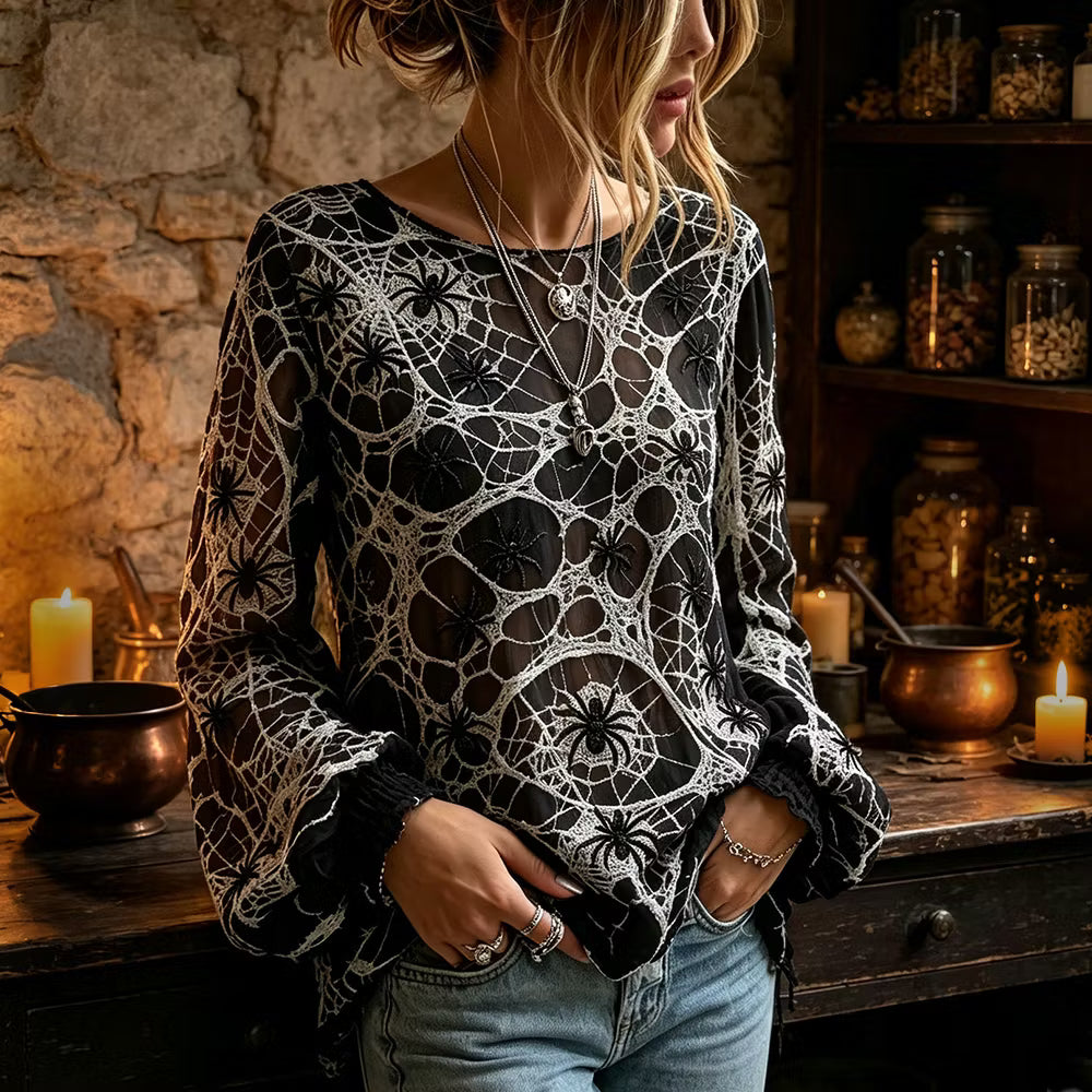 Women's Halloween Retro Horror Element Patchwork Art Casual Top