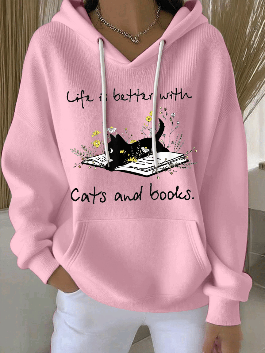 Women's Life Is Better With Cats And Books Print Casual Hooded Sweatshirt