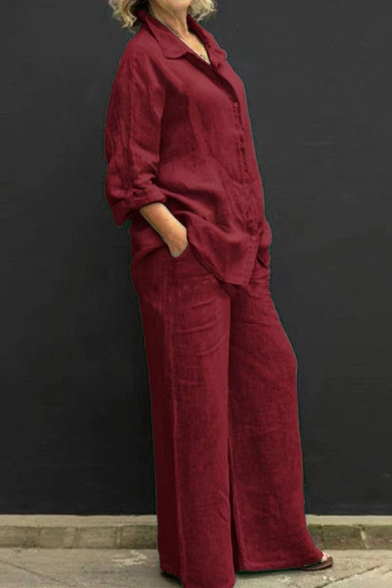 Women Linen Lapel Shirt Two Pieces Set Vintage Solid Long Sleeve Button Blouse and Loose Straight Pants Casual Suits