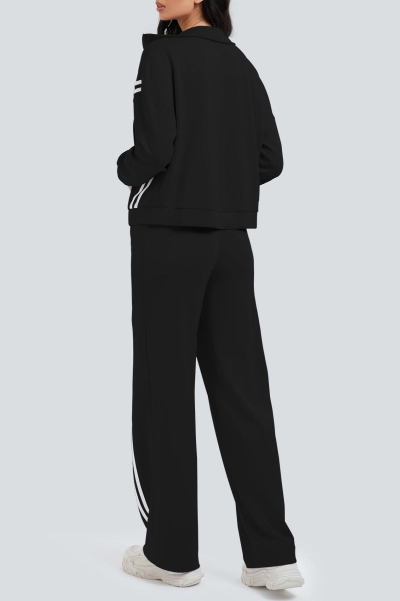 Zippered Tracksuit With Color-blocked Striped Wide-leg Pants