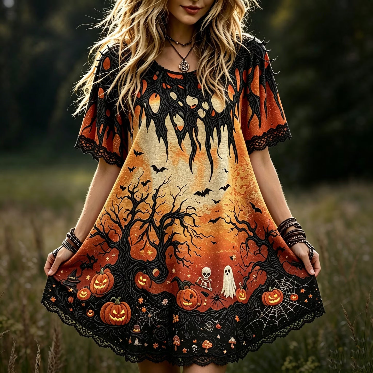 Women's Bohemian-style Halloween Dress With Skull, Ghost, And Pumpkin Prints