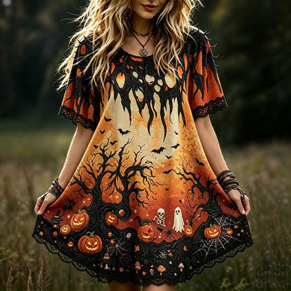 Women's Bohemian-style Halloween Dress With Skull, Ghost, And Pumpkin Prints