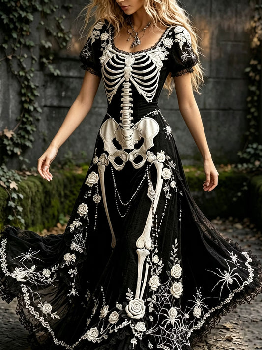 Women's  Retro Gothic Spider Skull Floral Pattern Short Sleeves Maxi Halloween Dress