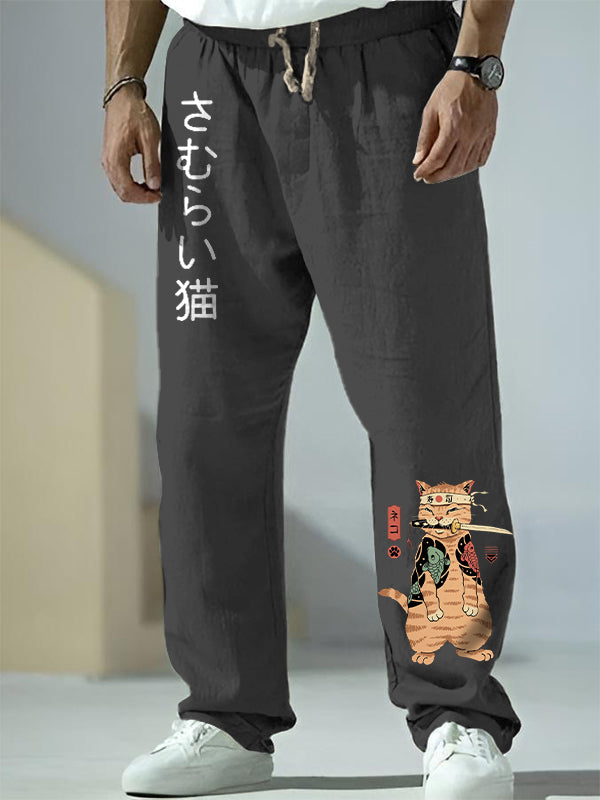 Men's Japanese Sushi Samurai Cat Graphic Print Casual Pants