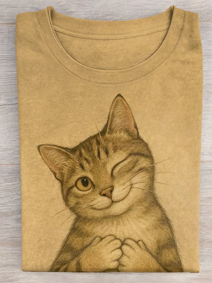 Women's Cute Animal Cat Pattern Print Round Neck T-Shirt