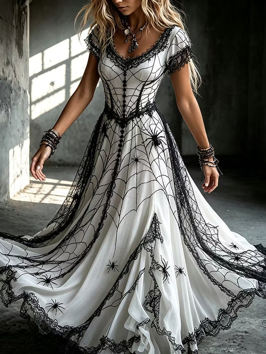 Women's Dark Gothic Spider Design V-neck Short-sleeved Dress
