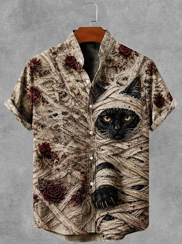 Men's Gothic Bandage Black Cat Rose Art Short Sleeve Linen Shirt