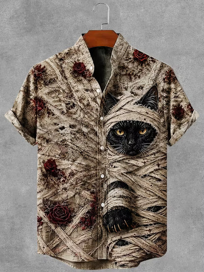 Men's Gothic Bandage Black Cat Rose Art Short Sleeve Linen Shirt